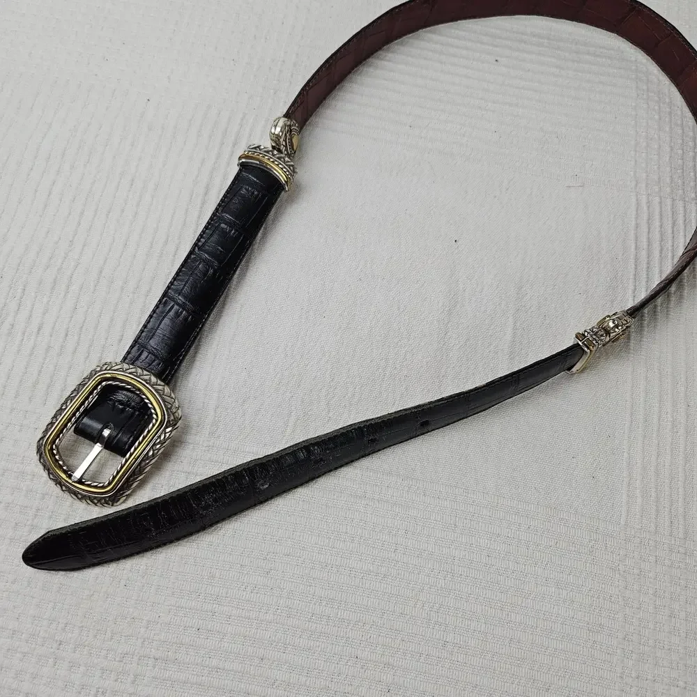 Western Flip Reversible Belt Sz 32 Black Brown Croc Embossed Leather Silver Gold